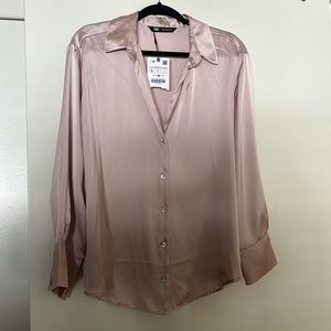 NWT - Zara Satin Like button up Blouse - Soft Pink - LARGE